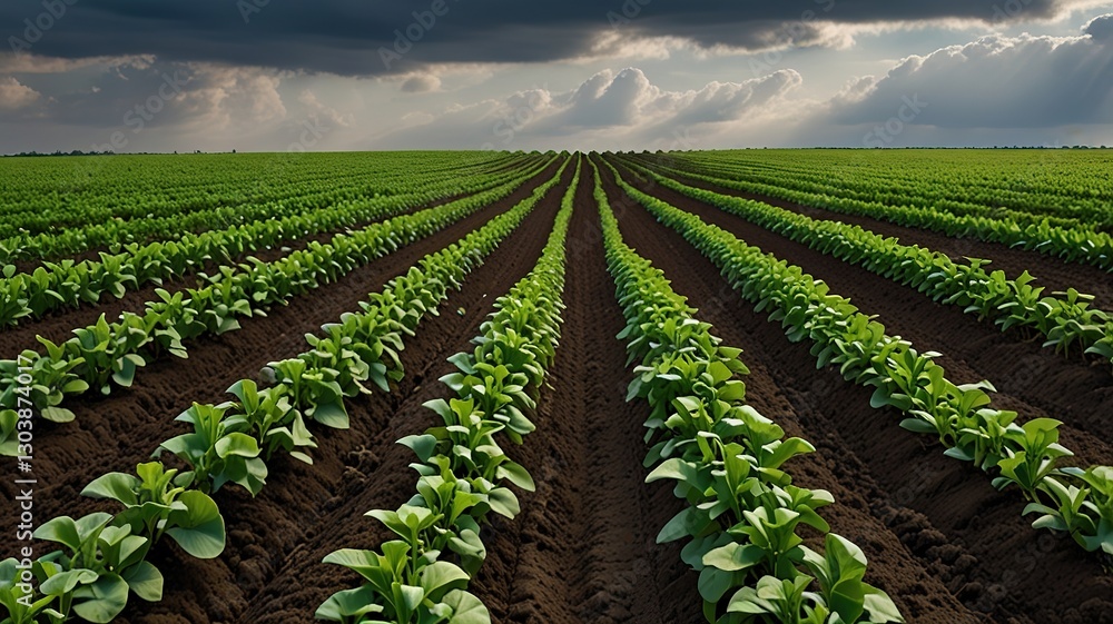 Obraz premium A vast agricultural field under a partly cloudy sky.