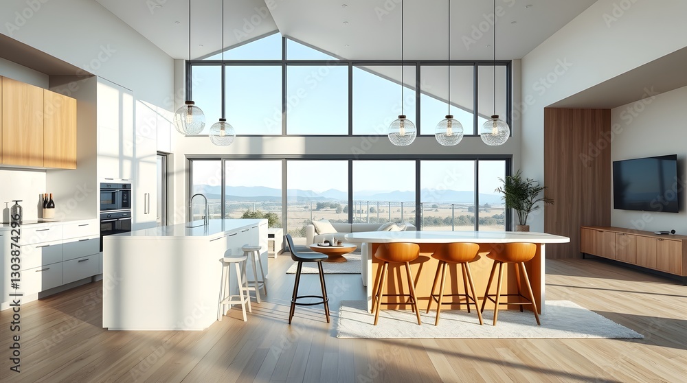 Fototapeta premium A bright, modern kitchen with high ceilings and large windows overlooking a scenic view. Minimalist design with a spacious layout.