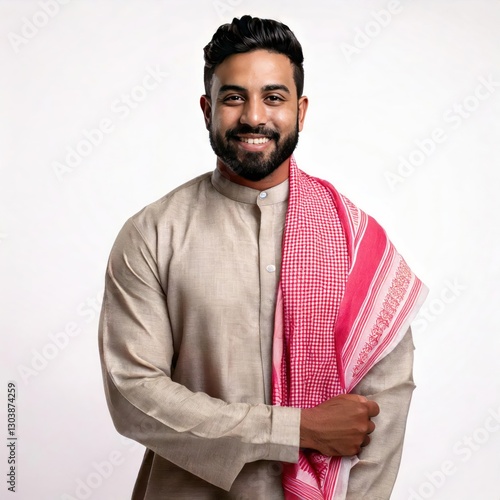 Indian Muslim man standing pose and smile in white background