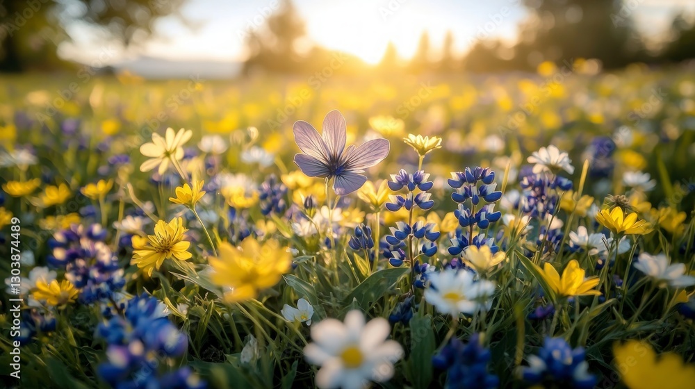 Obraz premium Spring Meadow Wildflowers Vibrant Purple Yellow White Blooms at Sunset