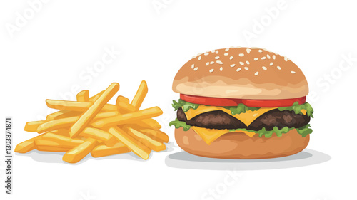 A digital illustration depicting a cheeseburger and a pile of french fries against a white background. The cheeseburger is composed of a sesame seed bun, two beef patties, cheese, lettuce,
