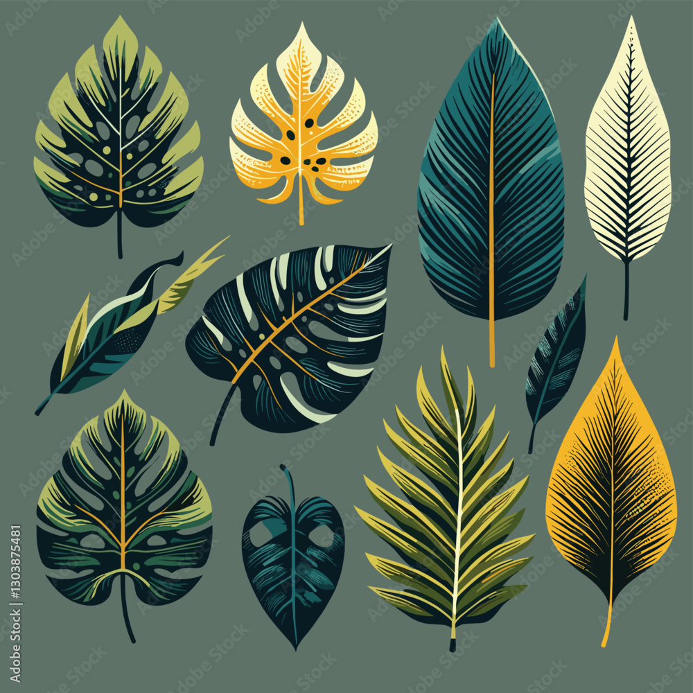 Fototapeta premium Botanical Vector: Tropical Leaf Collection on Green