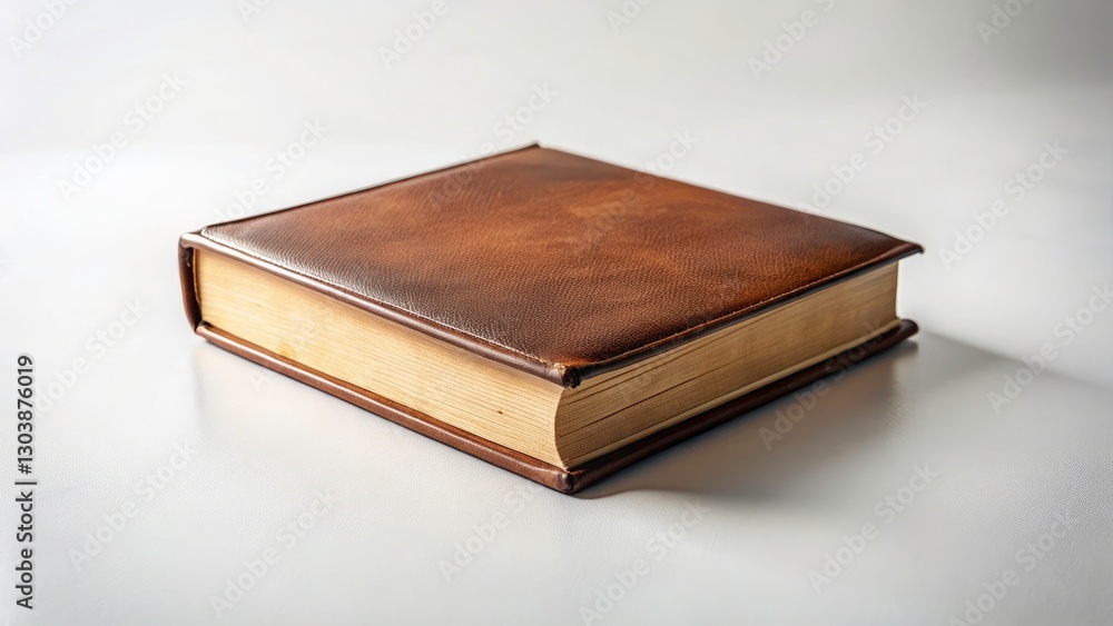 Elegant Minimalist Mock-up of a Classic Old Book with Blank Brown Leather Cover on a Simple White Background for Creative Design Projects Elegant Minimalist Mock-up of a Classic Old Book with Blank Brown Leather Cover on a Simple White Background for Creative Design Projects