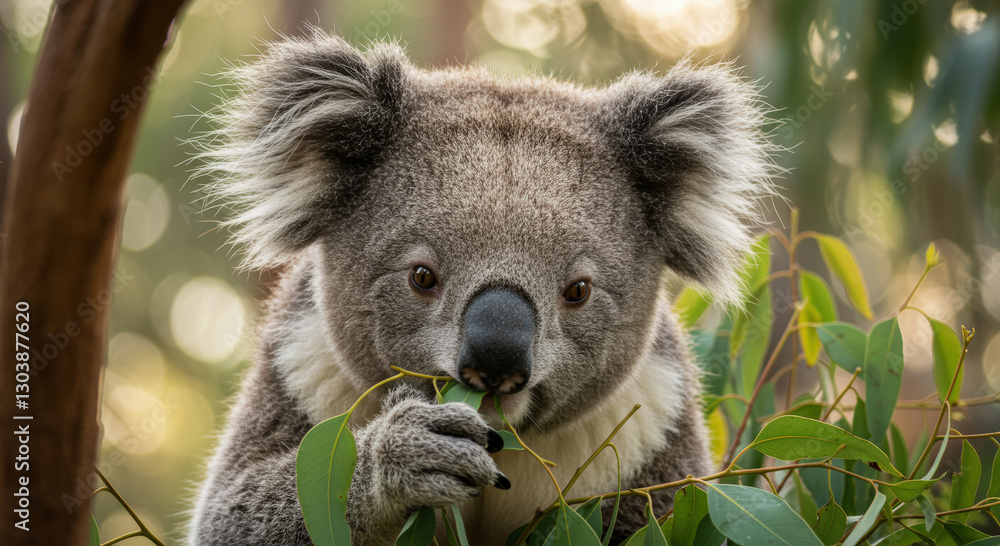 Fototapeta premium Koala Eating Eucalyptus Leaves Portrait: Koala munching on eucalyptus leaves in a close-up portrait