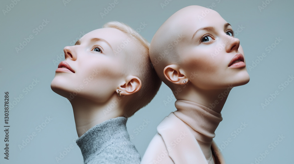 Unique representation of beauty and strength in individuals with alopecia amidst a tranquil background Unique representation of beauty and strength in individuals with alopecia amidst a tranquil background