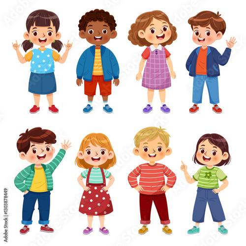 Happy children's group. Cute diverse cheerful kids showcasing different poses