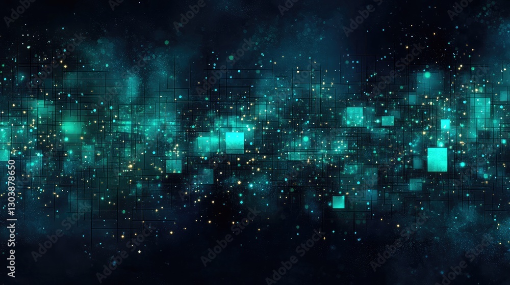Obraz premium Abstract digital galaxy, futuristic, glowing squares, background, technology, suitable for tech, science, or gaming website, app, or presentation