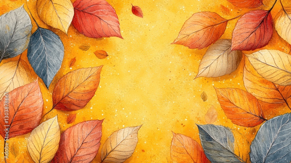 Autumn leaves border on yellow background, ideal for fall themed design Autumn leaves border on yellow background, ideal for fall themed design