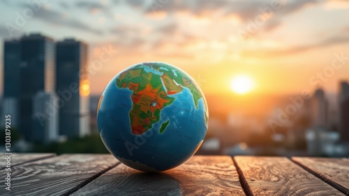 a close up of a globe on a wooden table with a city in the background, 