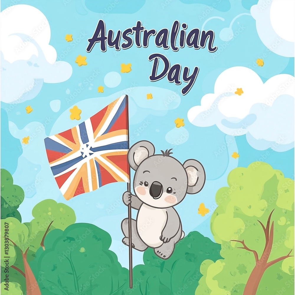 Naklejka premium Adorable Koala Celebrates Australian Day with Aussie Flag Illustration