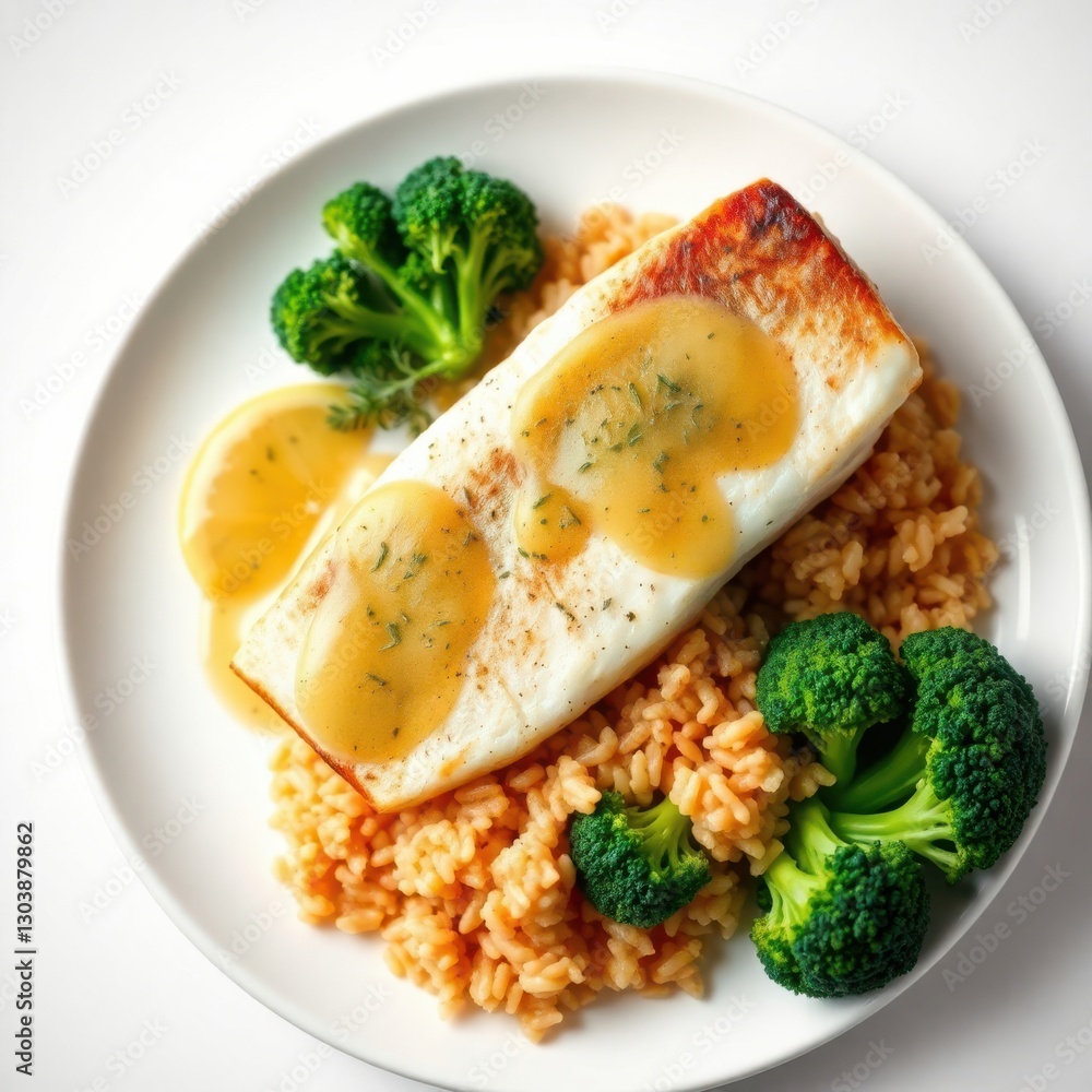 Elegant fish fillet dish: tender fish, savory rice, vibrant broccoli, and zesty lemon sauce. Elegant fish fillet dish: tender fish, savory rice, vibrant broccoli, and zesty lemon sauce.