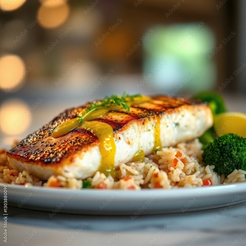 Grilled fish fillet drizzled with sauce, served on rice with vegetables, creating a delicious, balanced meal. Grilled fish fillet drizzled with sauce, served on rice with vegetables, creating a delicious, balanced meal.