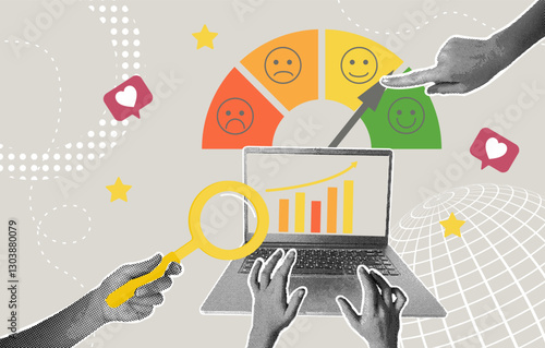 Trendy halftone collage. Concept of quality of work in the office, work life balance assessment, workload, job satisfaction concept. Hand moving arrow towards a prosperous work environment