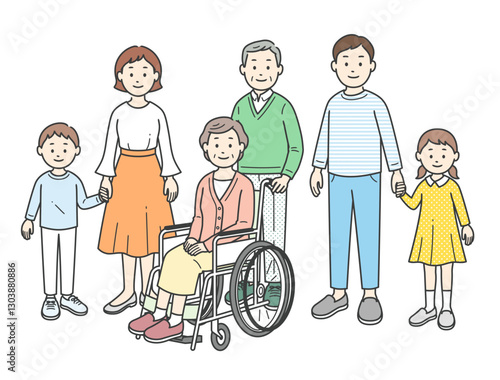 三世代の家族が集合した全身イラスト