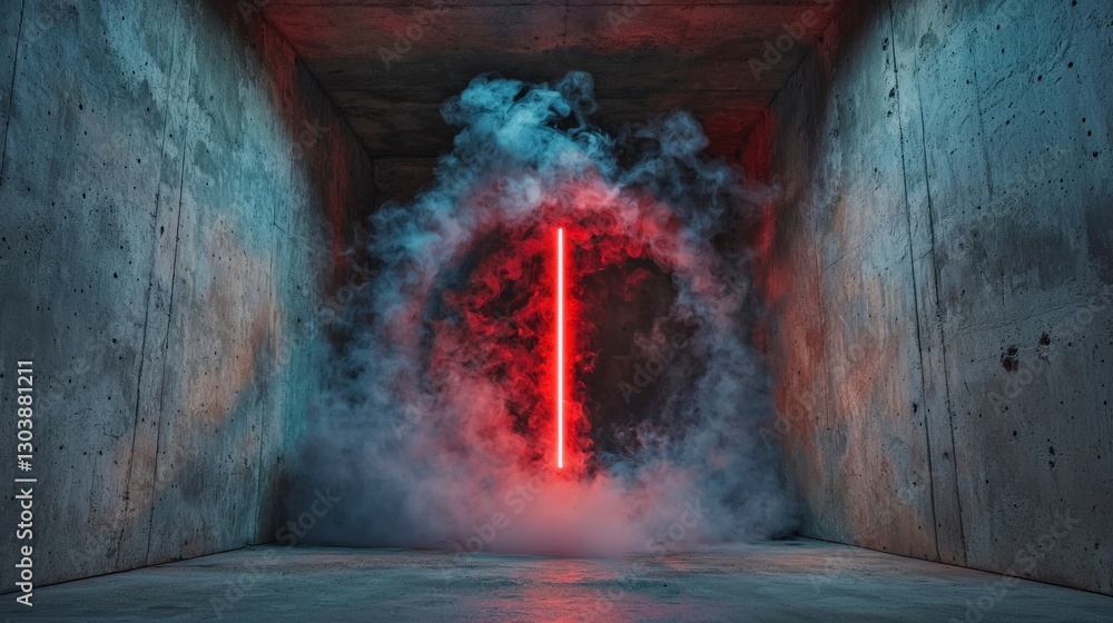 Naklejka premium Red Neon Laser in Smoky Concrete Room Abstract Background Design Template