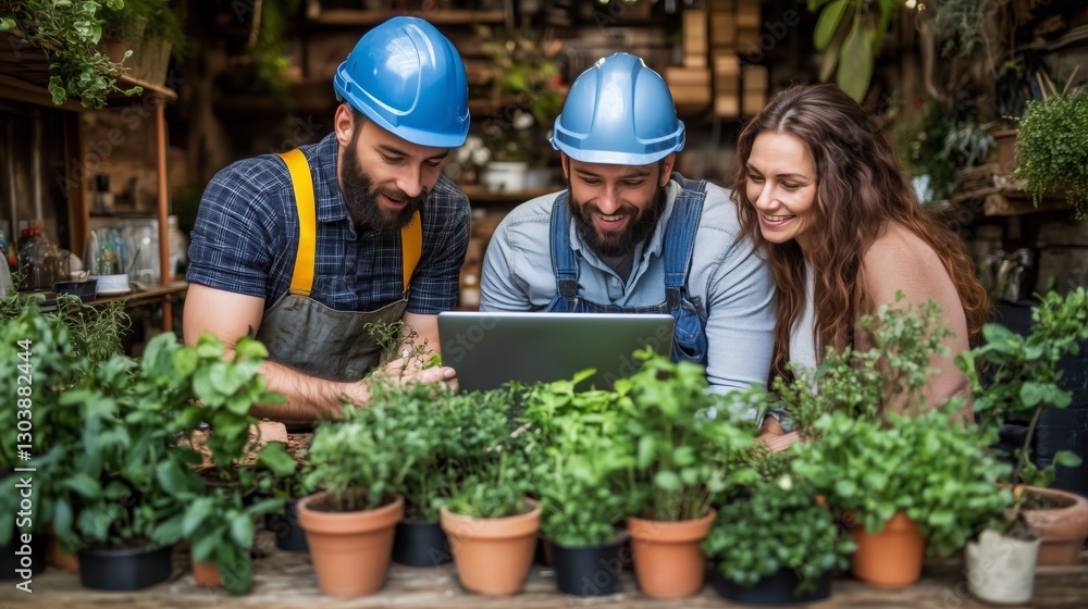 Garden center workers consulting information about plants on a laptop Garden center workers consulting information about plants on a laptop
