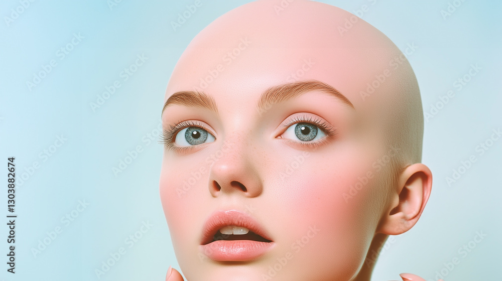 Capturing beauty and strength in the embrace of alopecia through a serene expression and soft lighting while showcasing perfect features Capturing beauty and strength in the embrace of alopecia through a serene expression and soft lighting while showcasing perfect features