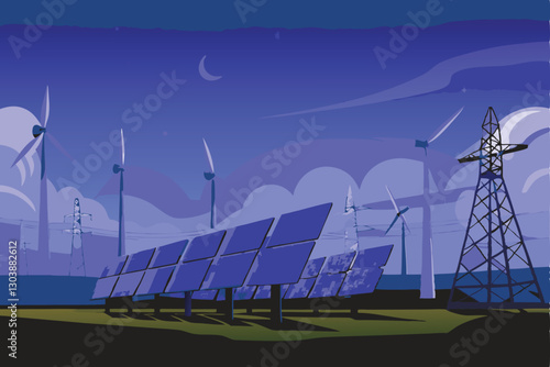Vivid illustration of a futuristic green hybrid solar and wind power farm, showcasing vibrant green color palettes and efficient energy generation.