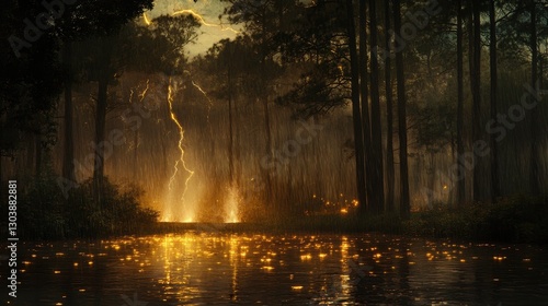 Wallpaper Mural Enchanted Forest Scene with Lightning and Glowing Reflections at Dusk Torontodigital.ca