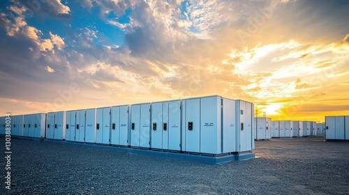 Energy Storage Solutions in Industrial Landscape at Sunset Glow