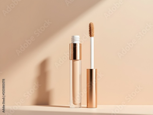 Beauty concealer applicator with transparent tube and gold accents isolated on beige background. Liquid concealer, facial correction, BB cream, skincare product and professional make-up