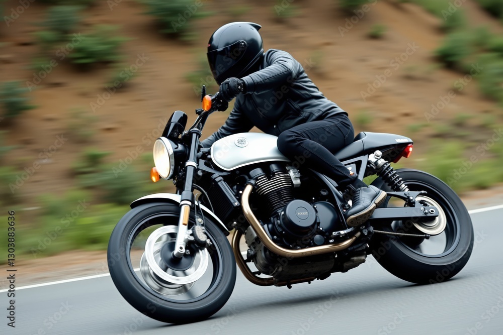 A Young Adult Male Riding a Classic Motorcycle on a Scenic Open Road, Showcasing the Thrill of Biking and the Beauty of Nature in the Background A Young Adult Male Riding a Classic Motorcycle on a Scenic Open Road, Showcasing the Thrill of Biking and the Beauty of Nature in the Background