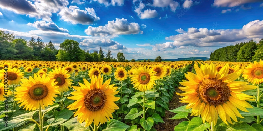 Obraz premium Panoramic View of Bolander's Sunflower Field with Bright Yellow Blooms for a Joyful Summer Background