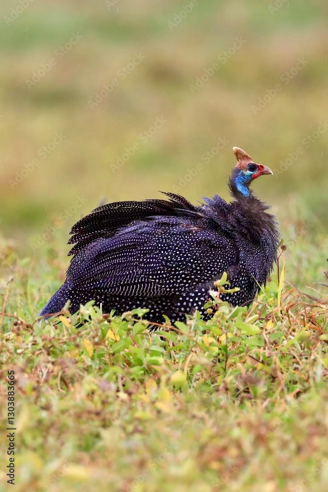 Fototapeta premium A black-crowned crane stands on the green grass.