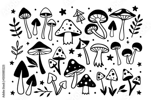 Mushroom Fungus Plant Forest Retro Vintage Doodle Clipart Silhouette