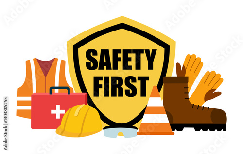 Safety first concept. Engineer helmet, safety shoe, vest, protective glasses and gloves in flat design on white background.