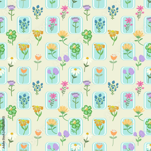 Framed Floral Pattern, Whimsical Flower Design, Retro Flower Box Repeat Pattern, Pastel Colors, Stylized Floral Pattern in Frames, Seamless Design, Colorful Flower Box Pattern, Light Beige Background