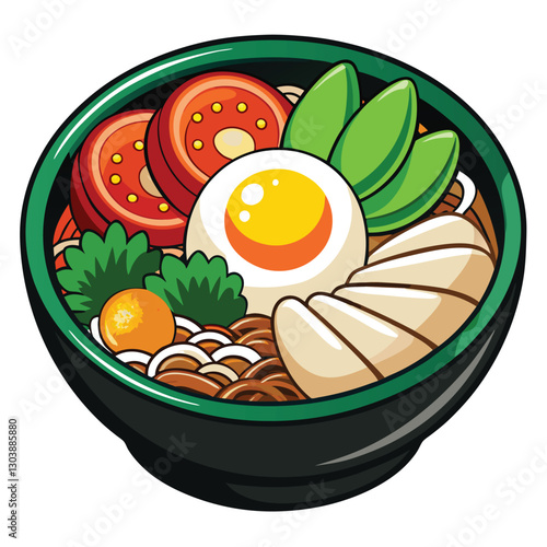 Photograph of a vibrant bibimbap in a traditional Korean bowl, showcasing its colorful ingredients and a single fried egg on top. High-resolution, detailed image.
