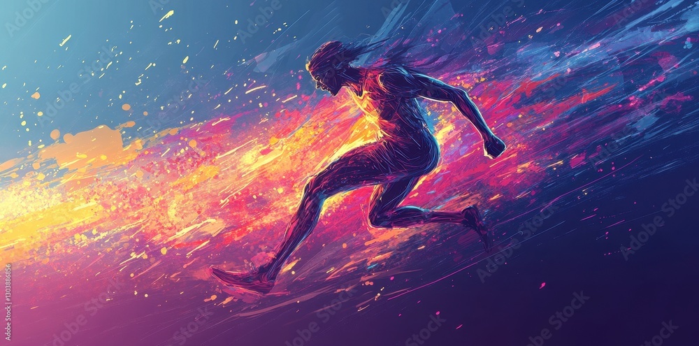 Naklejka premium A lone runner with color bursts sprinting quickly towards the right