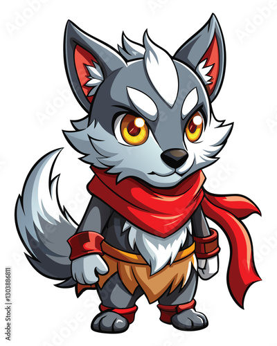 Create a cute chibi illustration of a cursed wolf pup, featuring silver and black fur, wide eyes, and slightly mischievous expression.