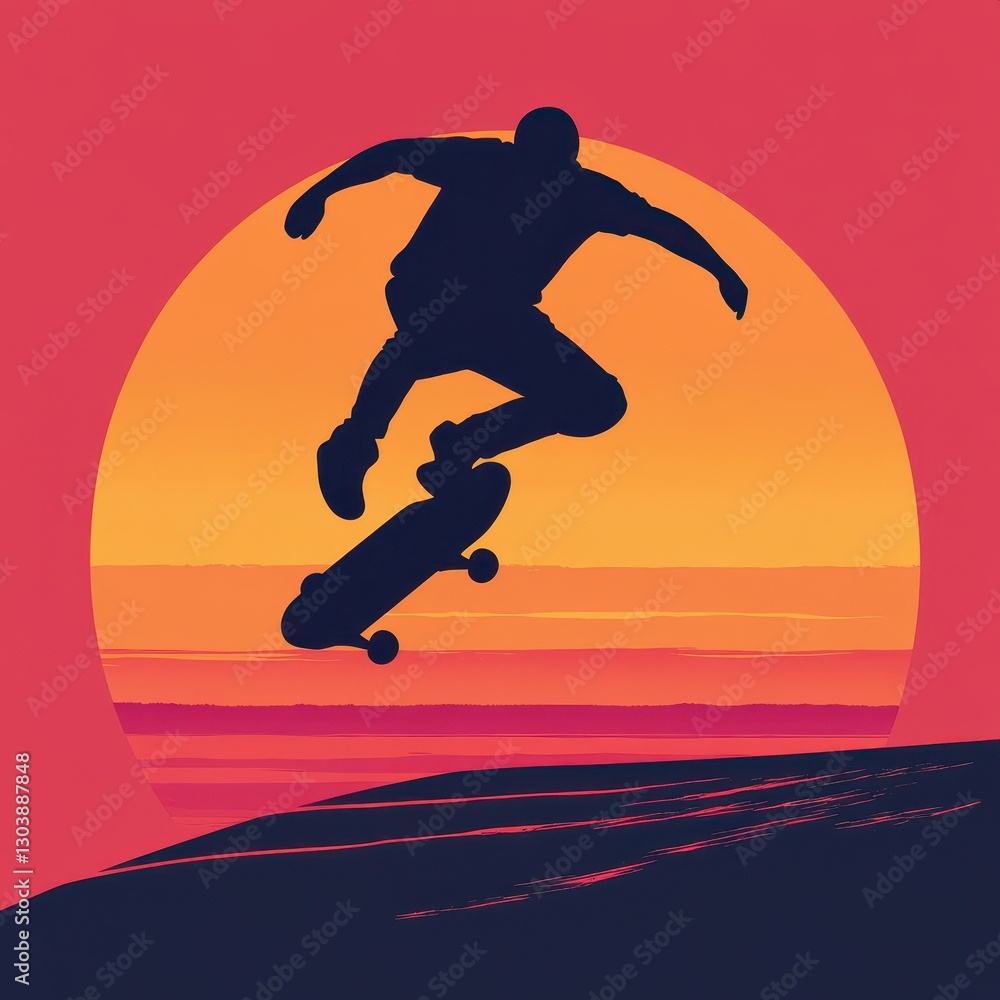 Skateboarder is making a daring jump over a sunset backdrop Skateboarder is making a daring jump over a sunset backdrop