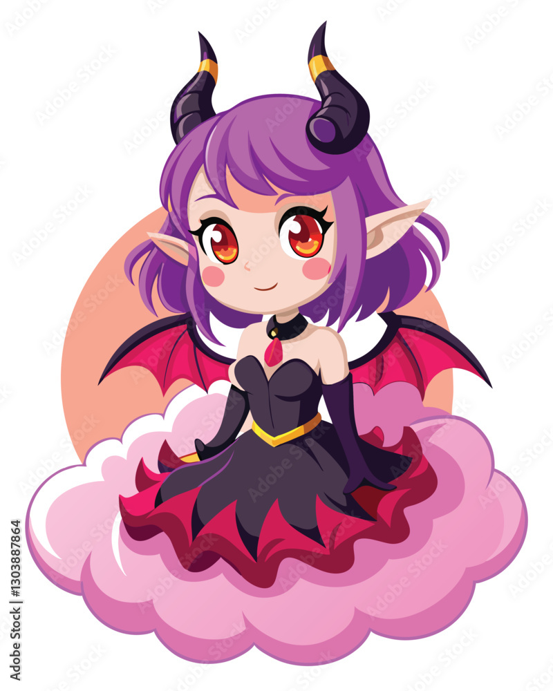 A cute, chibi-style demon princess with tiny purple horns, wearing a ruffled dress, mischievous grin. High-quality, detailed artwork. A cute, chibi-style demon princess with tiny purple horns, wearing a ruffled dress, mischievous grin. High-quality, detailed artwork.