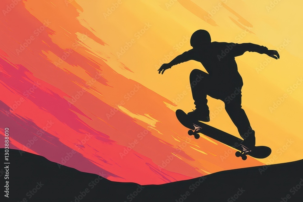 Skateboarder jumping high in the air during a sunset Skateboarder jumping high in the air during a sunset