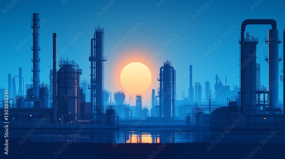 Obraz premium Blue-toned industrial factory landscape with pipes and gas tanks. Abstract vector illustration with clean silhouettes and empty space for text or marketing use.