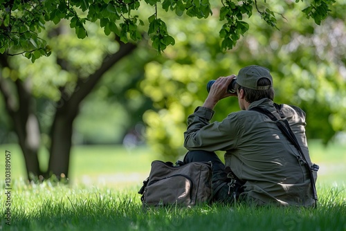 A tree specialist using binoculars to inspect the canopy for pest damage. Their tool bag rests on the grass below. 