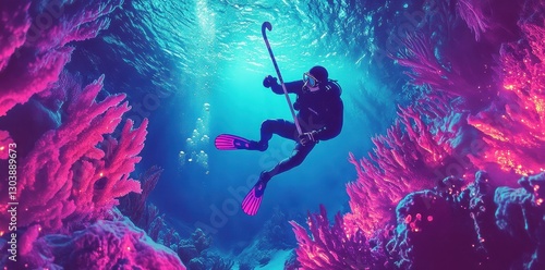 Wallpaper Mural Scuba Diver Exploring Underwater Environment with Glowing Coral Reefs Torontodigital.ca