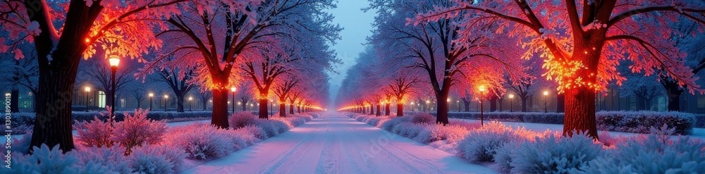 Naklejka premium Artificial intelligence rendered winter park, decorated trees , digital art, generated