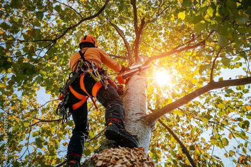 An arborist in a safety harness pruning a tall tree with a handsaw. The sun shines through the leaves as wood chips fall to the ground. 