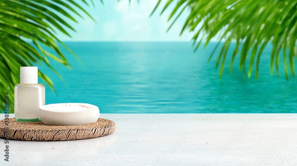Obraz premium Luxury summer spa retreat with infinity pool, coconut skincare, and bamboo decor. Serene, elegant ambiance perfect for wellness and travel inspiration
