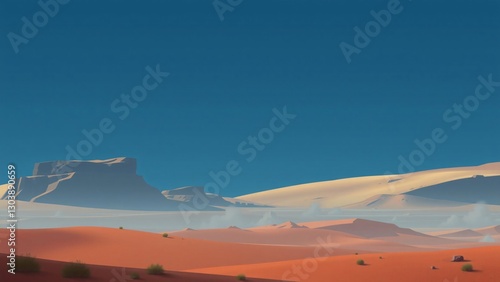 Serene Desert Landscape Minimalist Sand Dunes and Rock Formations Under a Clear Blue Sky