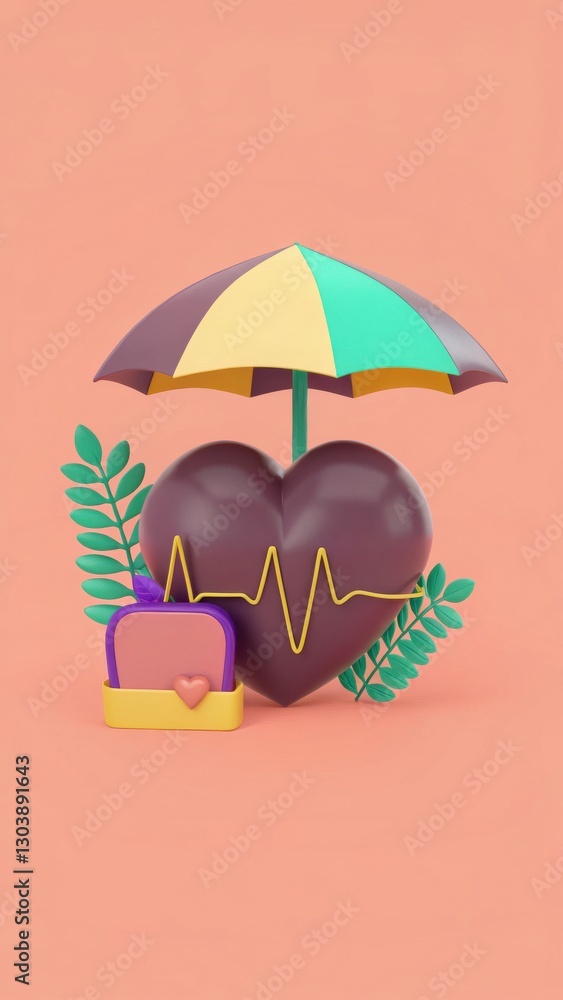 Naklejka premium Colorful Heart Under Umbrella with Leafy Decor for Wellness and Love Concept Visuals