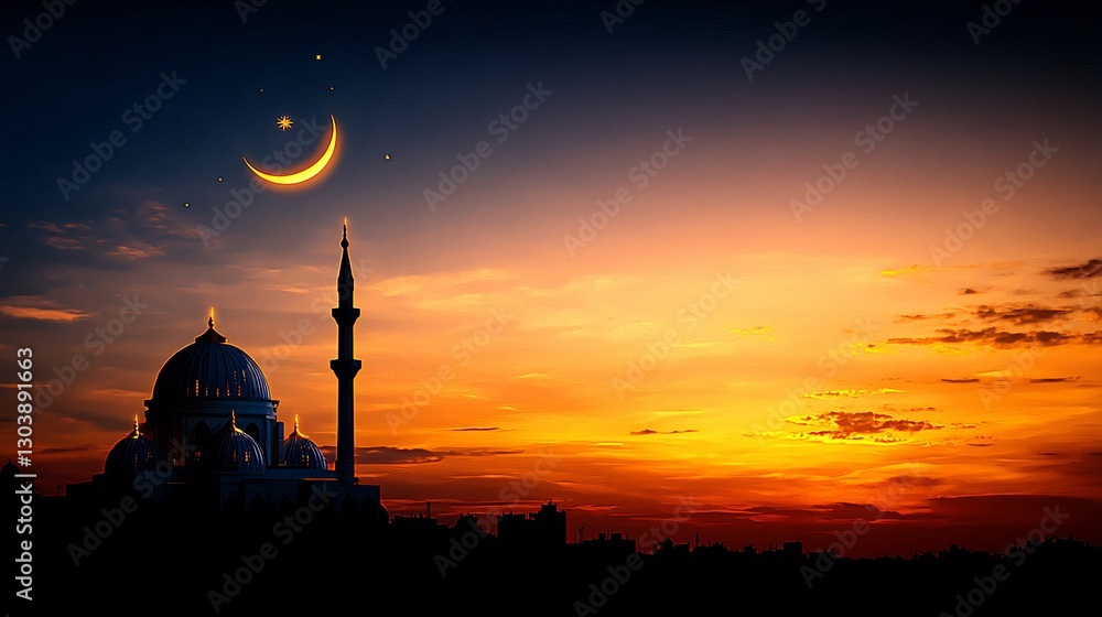 Obraz premium Mosque Sunset Silhouette, Crescent Moon