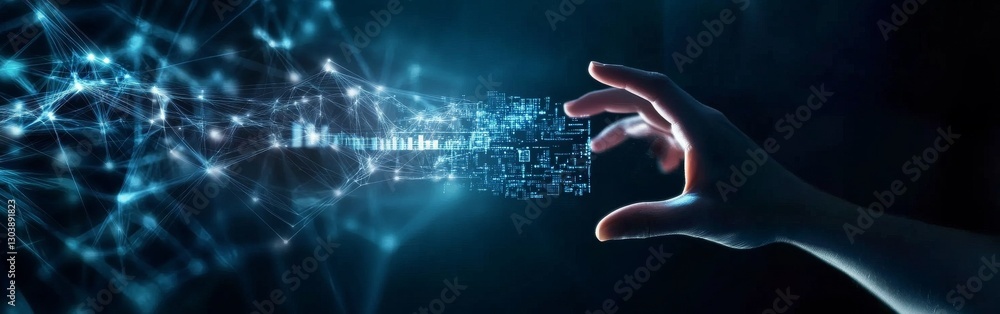 Fototapeta premium Hand Interacting with Digital Data Network Blue Abstract Composition, Data Visualization, Network Connectivity, Big Data Big Data, Data Science