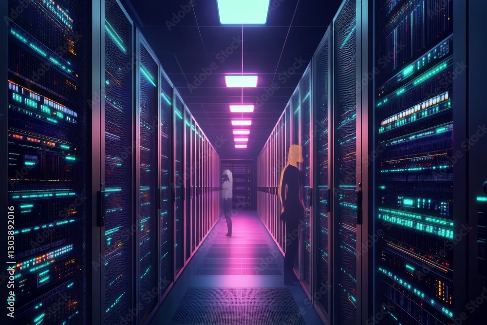 Fototapeta premium Neon Server Room Two Figures in a Cyberpunk Data Center, Digital Art, Sci-fi, Server Racks Cyberpunk, Data Security