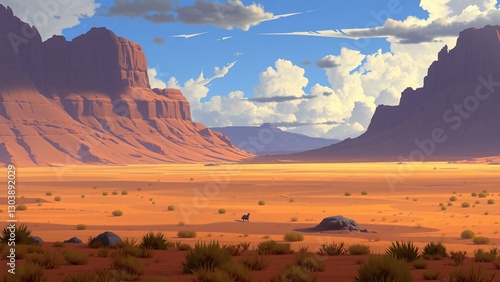 Majestic Desert Landscape Under a Blue Sky with Sandstone Cliffs