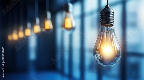 A series of illuminated vintage light bulbs hanging in a dimly lit interior, creating a warm and inviting atmosphere.